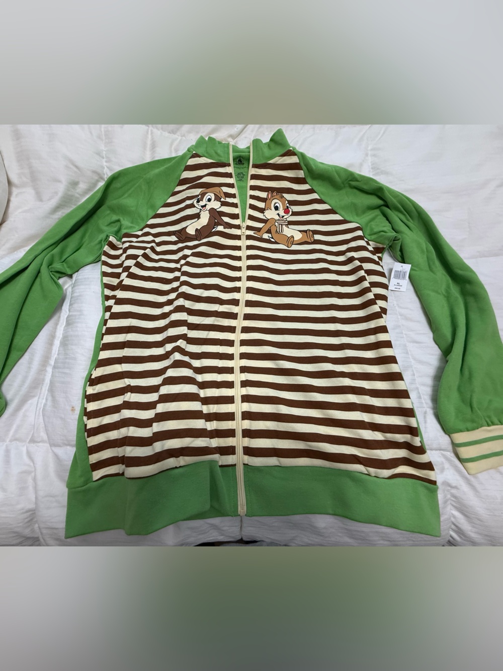 Disney Green, Brown & Cream Striped Women’s Jacket with Chip and Dale on front